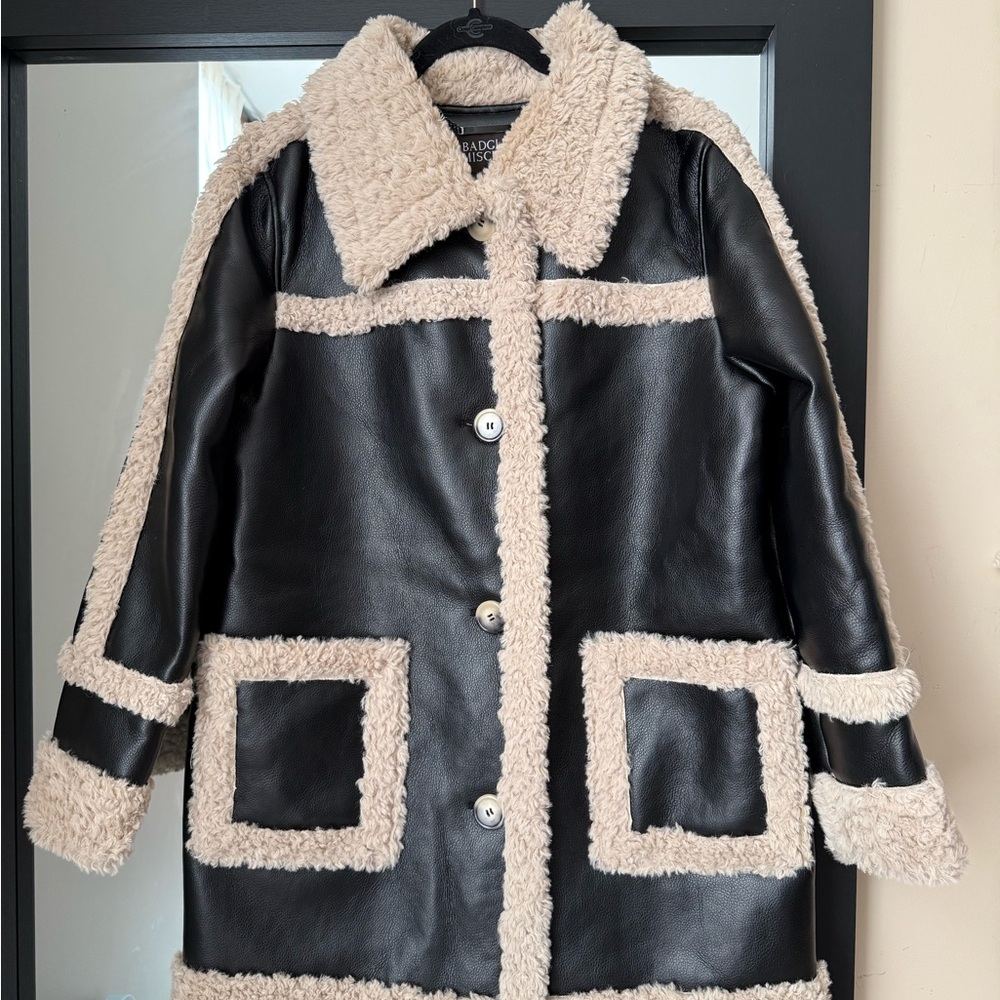Black and Cream Faux Leather Coat